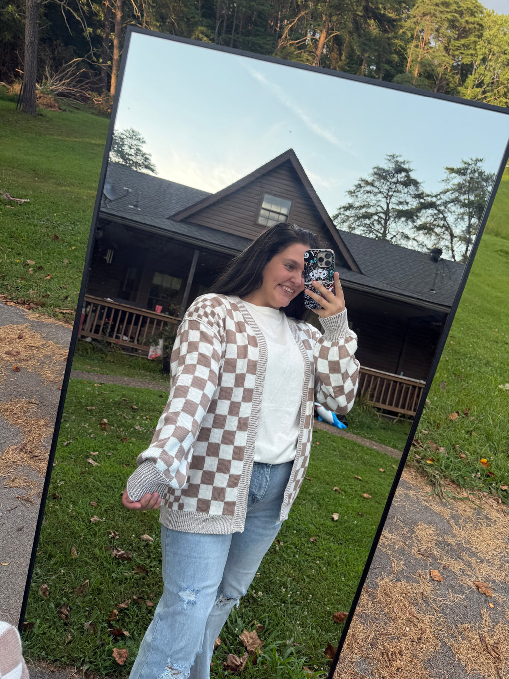 Tan Checkered Cardigan