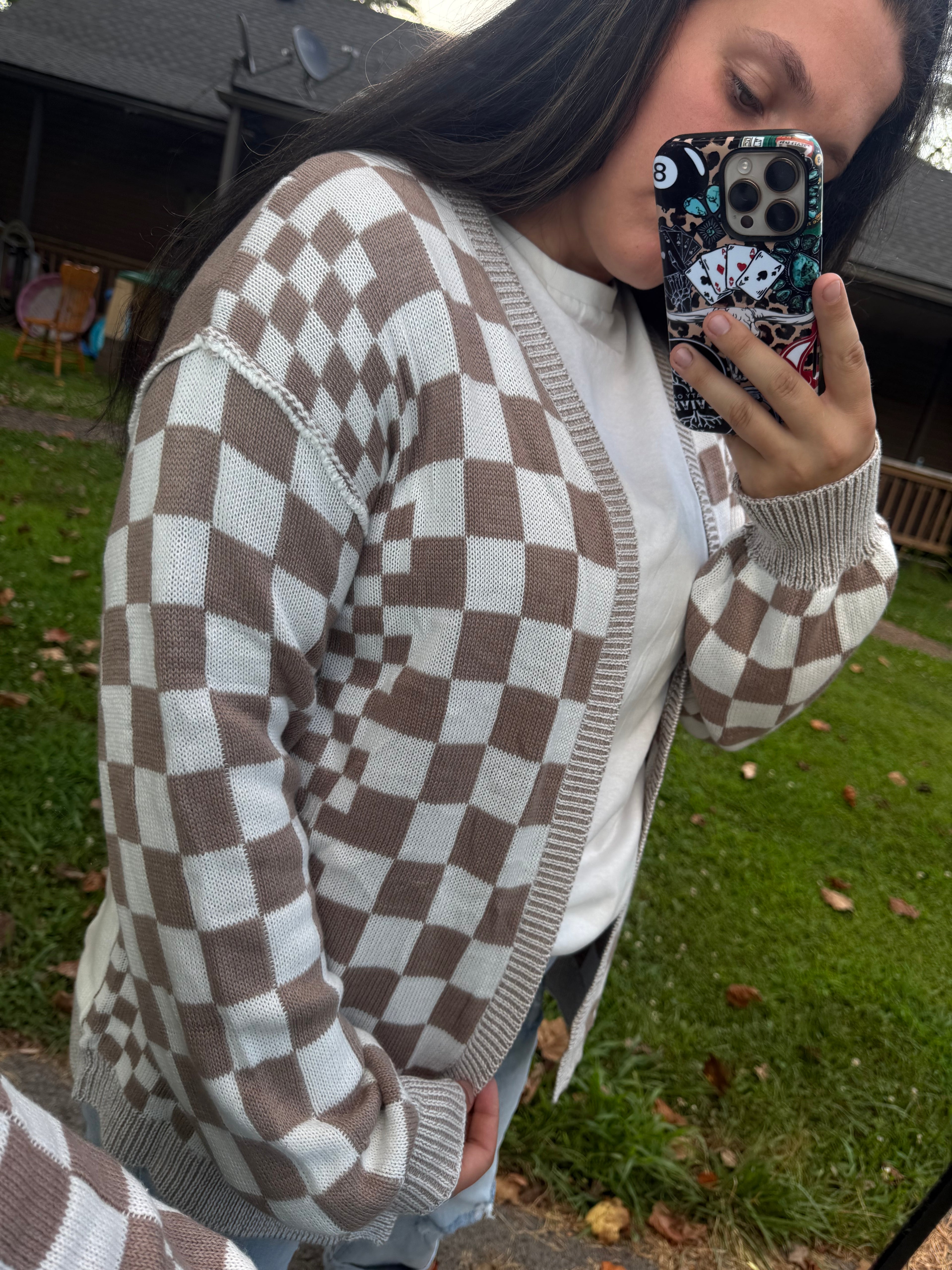 Tan Checkered Cardigan