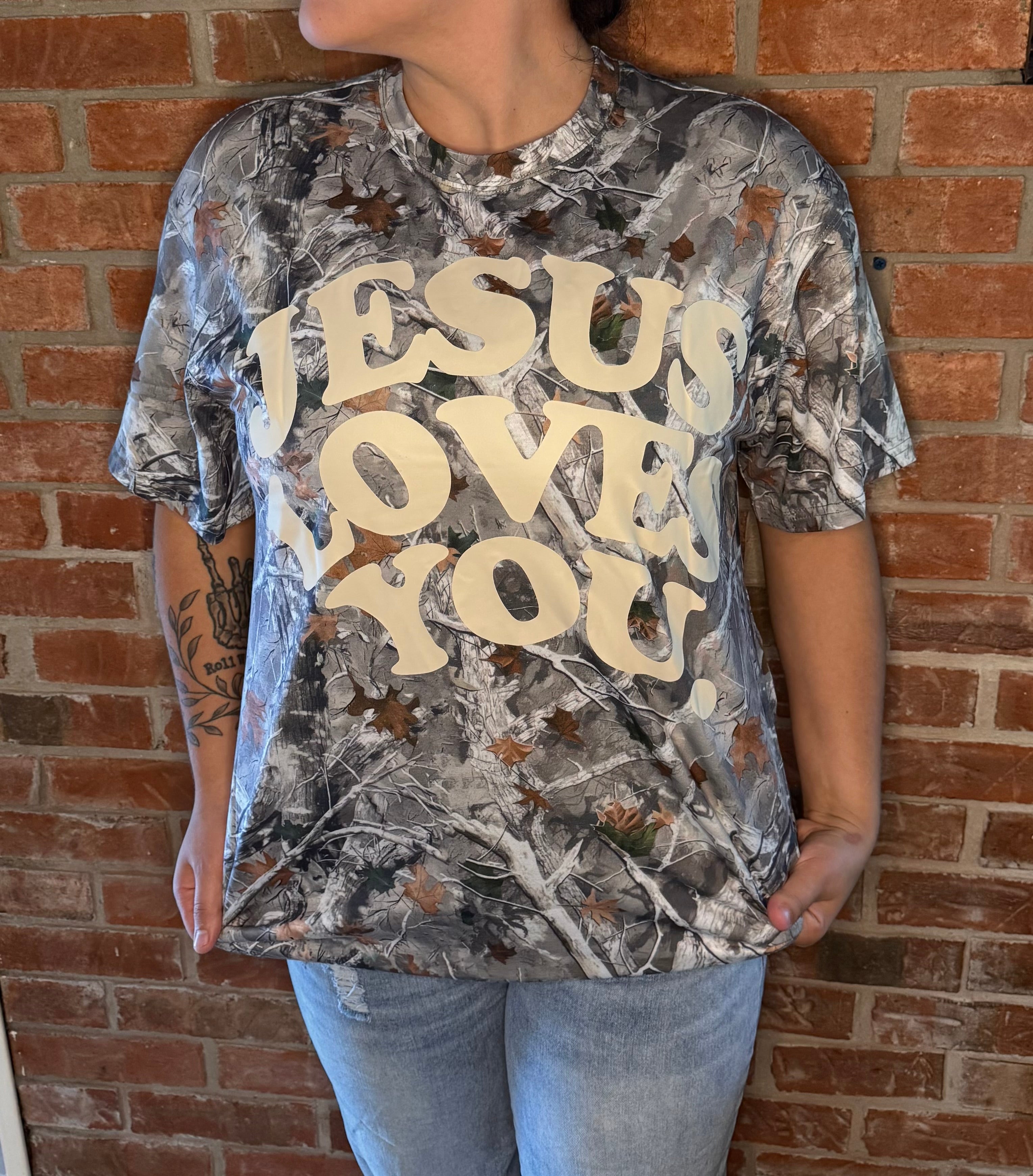 Camo Jesus Loves You Graphic Tee