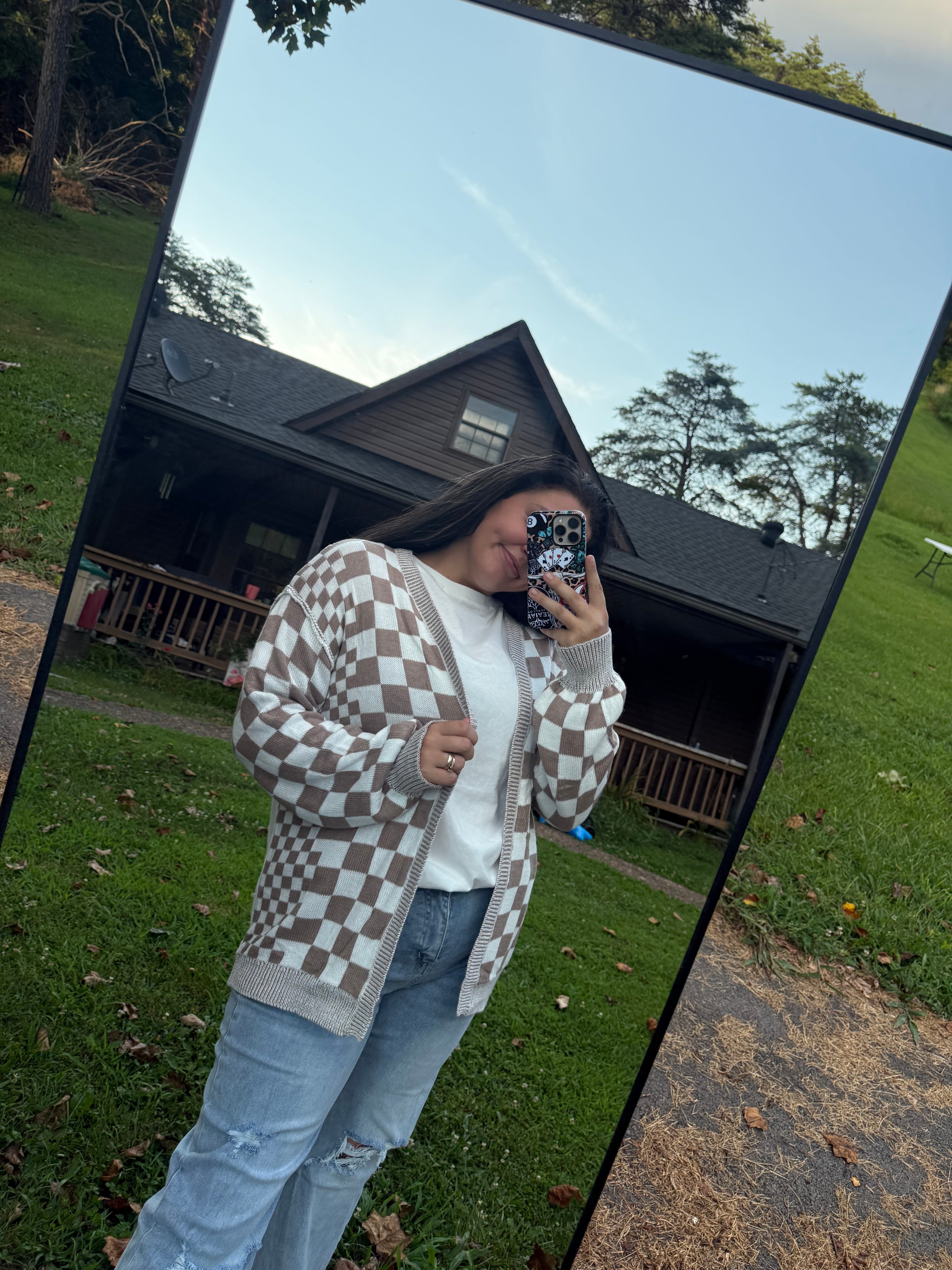 Tan Checkered Cardigan